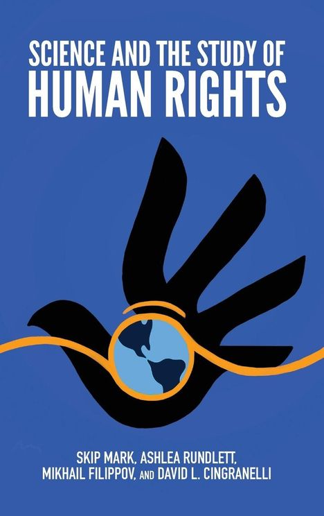Text: "Science and the Study of Human Rights". Illustration: Schwarze Hand, Weltkugel in der Mitte auf blauem Hintergrund.
