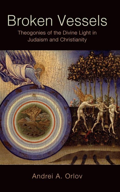 "Broken Vessels," eine Schrift über theogonische Lichtkonzepte, zeigt eine religiöse Illustration mit Engel und Bäumen.