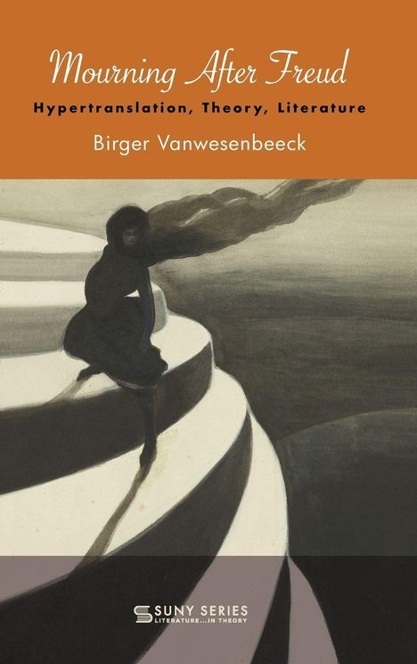 "Mourning After Freud" oben in Weiß auf Orange, darunter Kunstwerk: Silhouette einer Figur auf spiralförmigen Stufen.