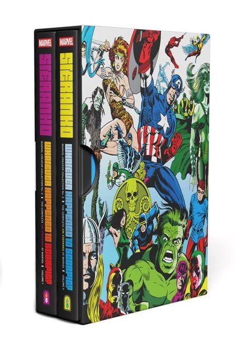 Box mit "STERANKO" auf dem Rücken. Enthält Marvel-Charaktere wie Captain America, Hulk, Thor in farbenfroher Illustration.