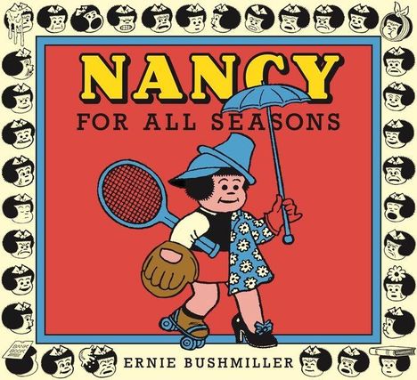 "Nancy For All Seasons" mit einer Figur, die Tennisschläger, Handschuh und Regenschirm trägt, umgeben von comicartigen Gesichtern.