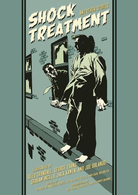 "Shock Treatment and Other Stories" in großen Buchstaben. Zwei Männer, einer im Schlafanzug, auf einem Dachvorsprung.