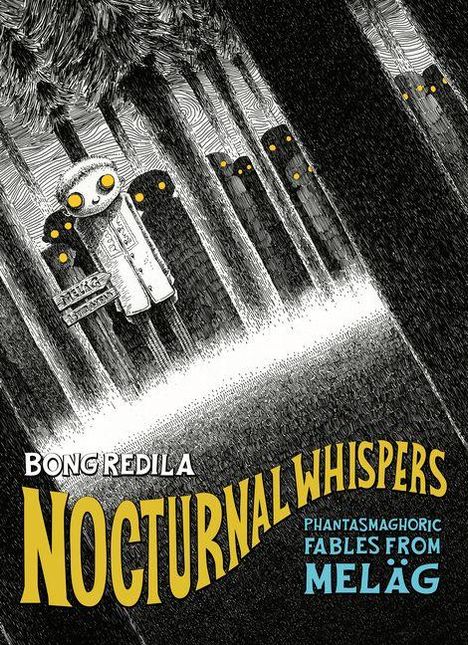 "Nocturnal Whispers: Phantasmagoric Fables from Meläg" von Bong Redila. Illustration eines Roboters im dunklen Wald.