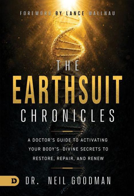 Text: "The Earthsuit Chronicles". DNA-Strang goldfarben, auf schwarzem Hintergrund verkörpert Energie und Erneuerung.