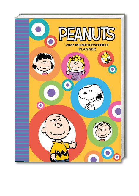 Auf dem Cover steht "Peanuts 2027 Monthly/Weekly Planner". Mehrere Charaktere in bunten Kreisen sind abgebildet.