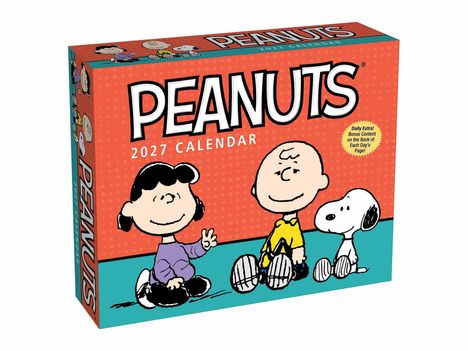 „PEANUTS 2027 CALENDAR“. Charlie Brown, Lucy und Snoopy sitzen fröhlich auf einem türkisfarbenen Boden.