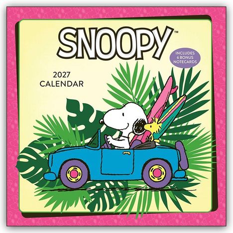 "SNOOPY 2027 Calendar; Includes 6 Bonus Notecards". Illustration: Snoopy fährt mit Woodstock in einem blauen Auto, umgeben von Blättern.