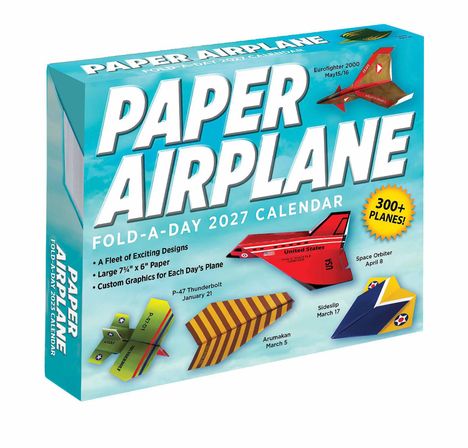 „Paper Airplane Fold-A-Day 2027 Calendar“. Verschiedene bunte Papierflugzeuge auf blauem Hintergrund.