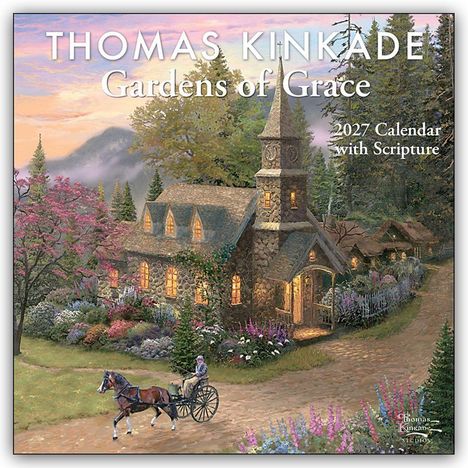 "Thomas Kinkade: Gardens of Grace, 2027 Calendar with Scripture." Gemälde zeigt eine Kirche in idyllischer Landschaft mit Kutsche.