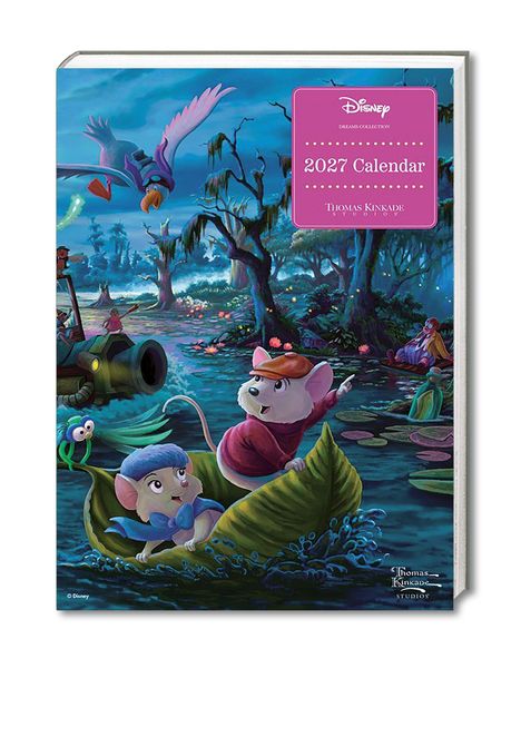 „2027 Calendar“ und „Thomas Kinkade Studios“. Zwei Mäuse in einem Blattboot im Dschungel, Papagei im Himmel.