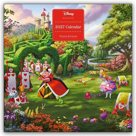 2027 Calendar. Illustration einer Figur im roten Kleid mit Spielkarten-Soldaten in einem bunten Garten mit Schloss im Hintergrund.