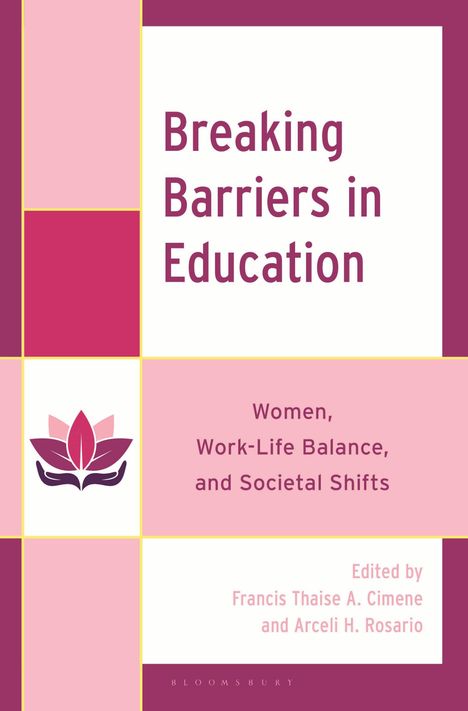 „Breaking Barriers in Education: Women, Work-Life Balance and Societal Shifts“ in lila Schrift auf rosa und weißem Hintergrund.