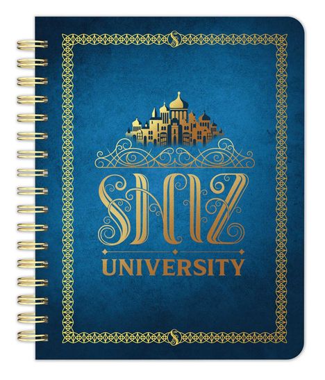 "SNÖZ UNIVERSITY" steht in Gold auf blauem Hintergrund. Darüber eine goldene Silhouette von Gebäuden. Geometrischer Rand.