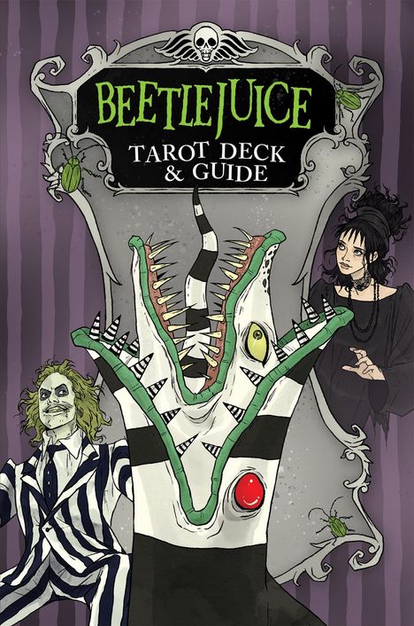 "BEETLEJUICE TAROT DECK & GUIDE", grinsender Mann im Anzug, surrealer Streifenwurm, Frau mit schwarzem Haar.