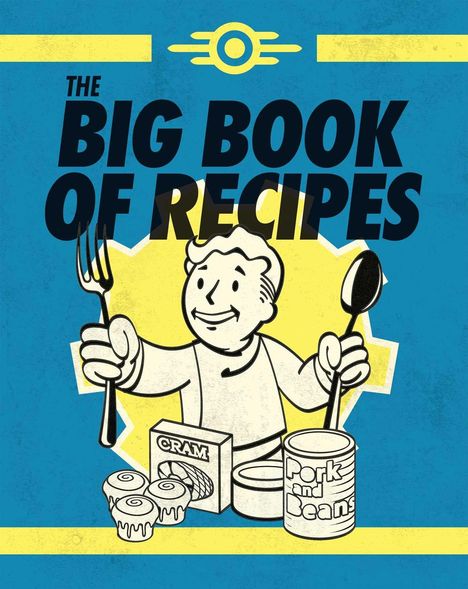 "The Big Book of Recipes" steht groß oben. Ein Cartoon-Mann hält Gabel und Löffel. Dosen und Zimtschnecken sind zu sehen.
