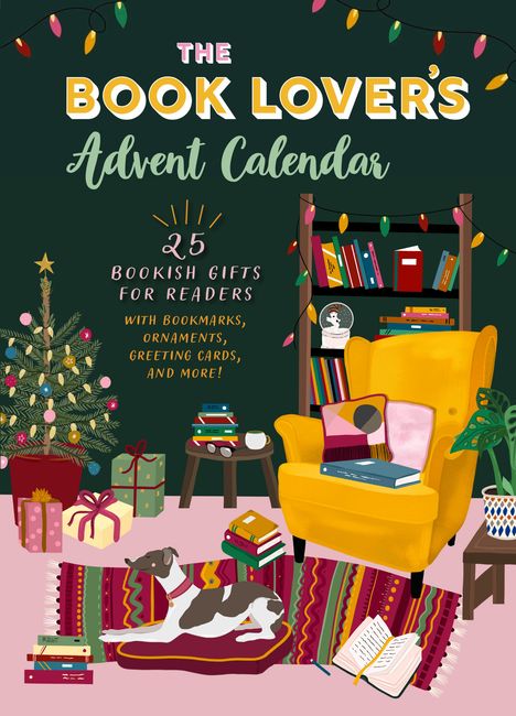 "The Book Lover's Advent Calendar: 25 Bookish Gifts for Readers. Illustration mit Sessel, Büchern, Hund und Weihnachtsbaum."