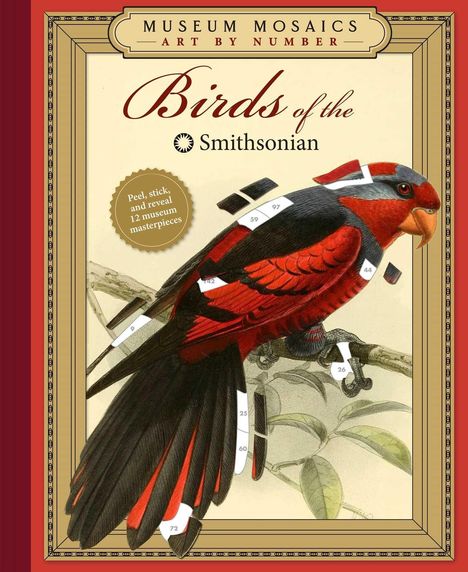 Ein roter und schwarzer Vogel sitzt auf einem Ast. Oben steht „Birds of the Smithsonian“. Kunstwerk mit Zahlenfeldern.
