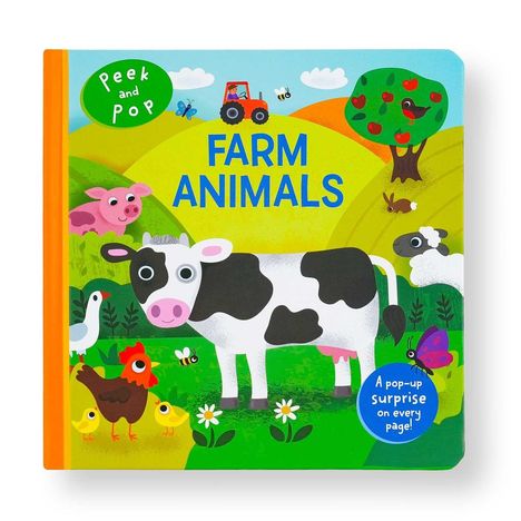 Text: "Peek and Pop", "FARM ANIMALS", "A pop-up surprise on every page". Illustration von Bauernhoftieren und Landschaft.