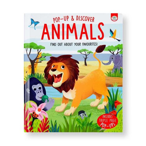 Buchcover mit Text: „Pop-up & Discover Animals“. Illustration mit Löwe, Gorilla, Elefant, Papagei in lebhafter Dschungelszene.