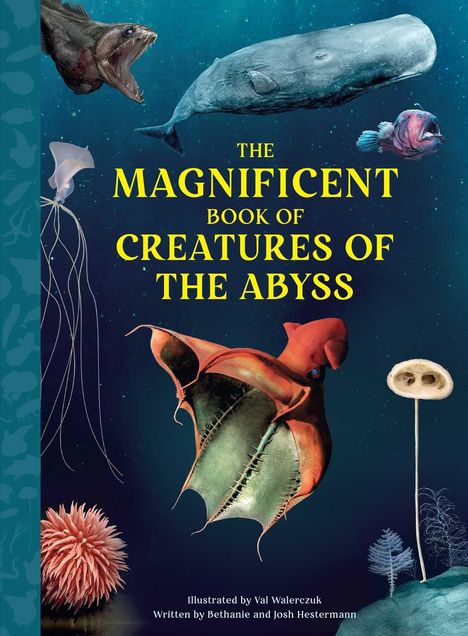 Text: "The Magnificent Book of Creatures of the Abyss." Illustration von Meerestieren und einem Wal auf blauem Hintergrund.