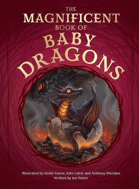"The Magnificent Book of Baby Dragons" oben, unten Drachen-Illustration aus einem Ei schlüpfend, umgeben von Lava.