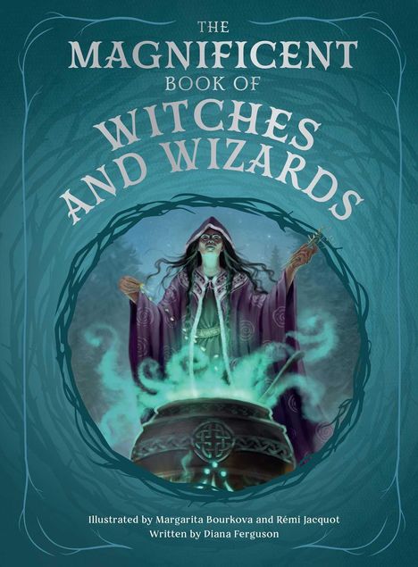 „The Magnificent Book of Witches and Wizards“. Illustriertes mystisches Bild eines Wesens in violettem Umhang vor einem Kessel.