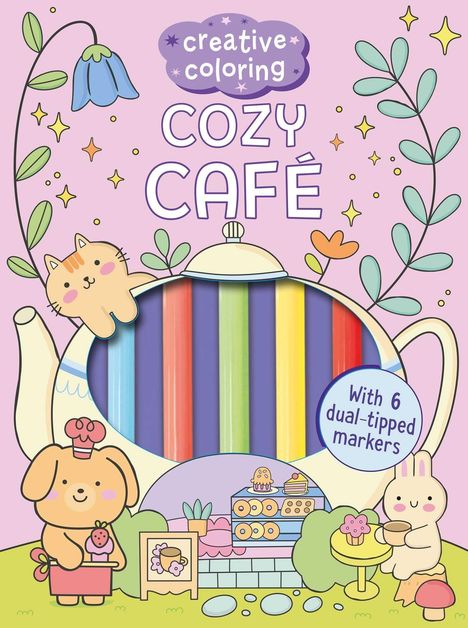 „Creative Coloring Cozy Café“ und „With 6 dual-tipped markers“. Illustration mit niedlichen Tieren, Teekanne.