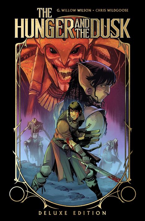 "The Hunger and The Dusk" steht oben, darunter zwei Charaktere in Kampfhaltung vor einem großen Monster, Stil einer Illustration.