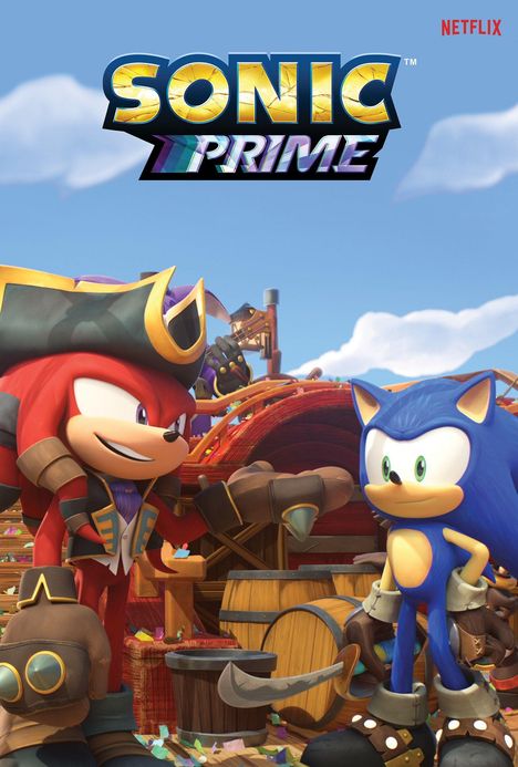 Oben steht "Sonic Prime". Zwei bunte, cartoonhafte Figuren in Piratenumgebung blicken entschlossen.
