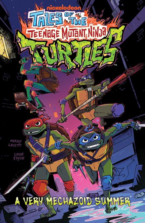 Oben steht: "Tales of the Teenage Mutant Ninja Turtles". Unten: "A Very Mechazoid Summer". Comic-Stil, Schildkröten in Action.