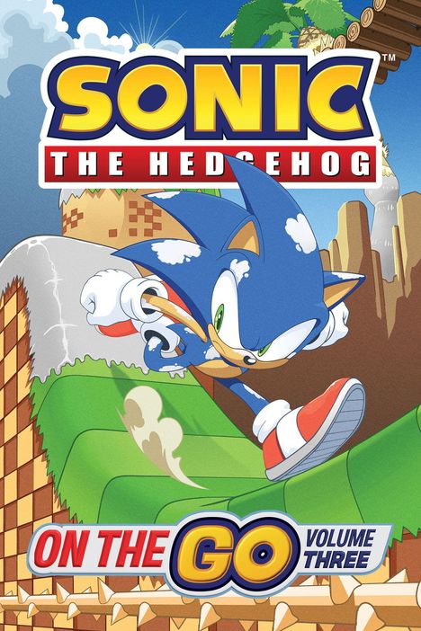 "Sonic the Hedgehog", "On the Go Volume Three". Illustration von Sonic, der schnell über eine Landschaft rennt.