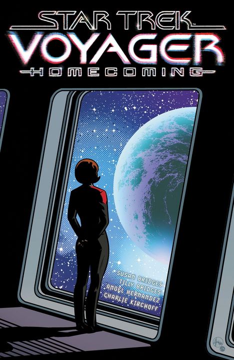 "Star Trek Voyager: Homecoming" steht oben, darunter eine Person vor einem Fenster mit Blick auf einen Planeten im Weltall.