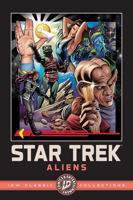 Text: "STAR TREK ALIENS". Eine bunte Illustration mit verschiedenen Alien-Charakteren aus der Star Trek-Serie.