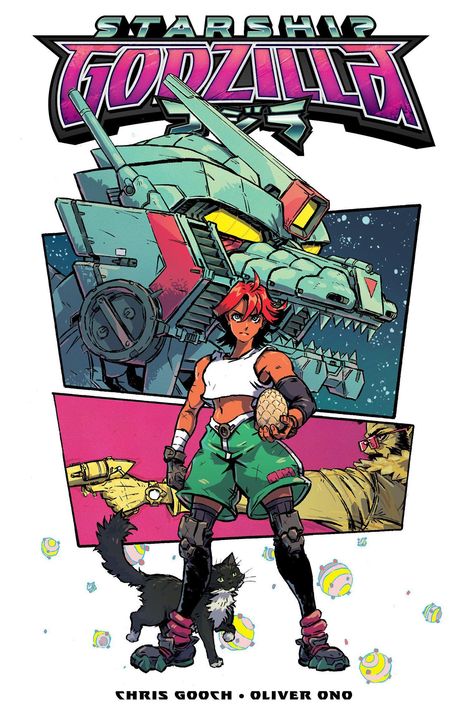 Titel: "Starship Godzilla". Kunstwerk: Cyborg mit rotem Haar, exotischer Frucht, Katze, riesiger Roboter im Hintergrund.