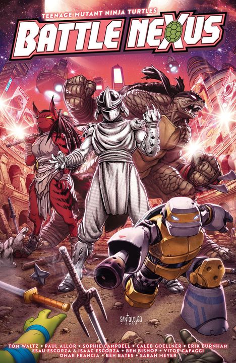 "Teenage Mutant Ninja Turtles: Battle Nexus" in großen Buchstaben. Illustration von vier verschiedenen, kampfbereiten Wesen.