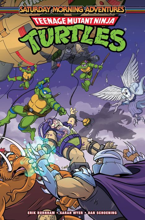 „Saturday Morning Adventures: Teenage Mutant Ninja Turtles“ Logo, Helden in Action, ein Engel und Bösewichte kämpfen.