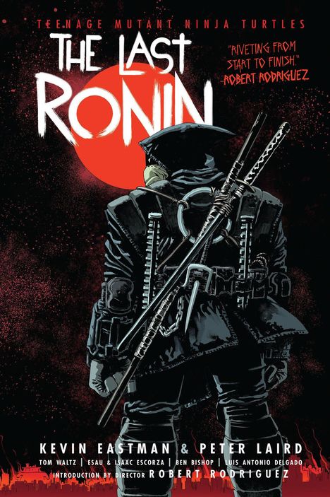 "THE LAST RONIN" vor einem roten Mond. Eine dunkel gekleidete Gestalt mit Waffen.