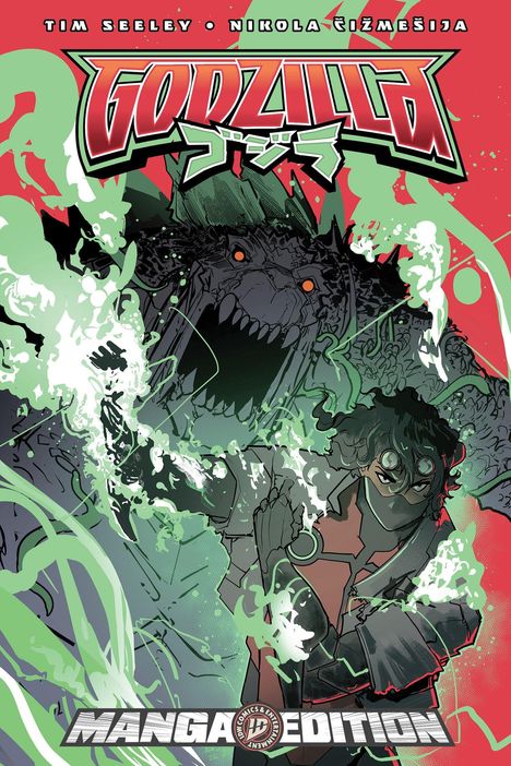 "Godzilla" in stilisierter Schrift oben, darunter Charakter mit Brille, Monster im Hintergrund, grüner und roter Farbakzent.