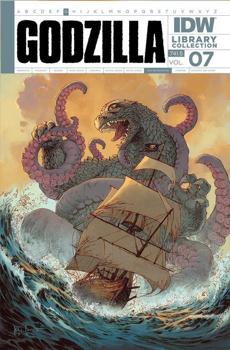 "Godzilla IDW Library Collection Vol. 07." Illustration: Godzilla bekämpft ein Krakenwesen, im Hintergrund ein Segelschiff.