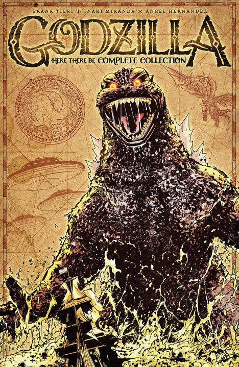 „Godzilla: Here There Be Complete Collection“ steht oben. Illustration eines monströsen Wesens, das aus dem Wasser auftaucht.