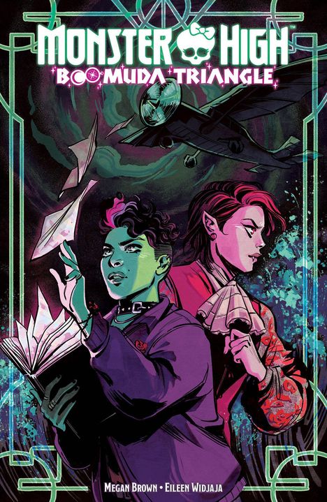 "Monster High Boo-Muda Triangle" in großen Buchstaben. Zwei Figuren in kräftigen Farben, eine mit Buch, eine mit Fächer.