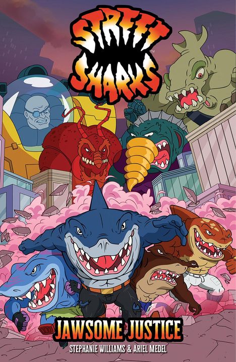 "Street Sharks" und "Jawsome Justice" in auffälliger Schrift vor einer kämpferischen Hai-Gruppe und Monstern in einer Stadt.