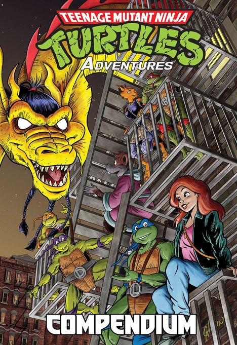 Text: "Teenage Mutant Ninja Turtles Adventures Compendium."  
Comic-Stil, Drachenkopf, Schildkröten und Menschen auf einem Feuerleitertreppenhaus.