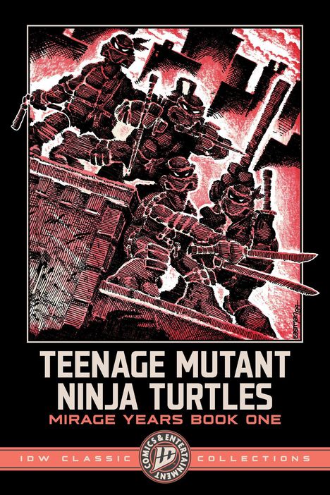 "TEENAGE MUTANT NINJA TURTLES MIRAGE YEARS BOOK ONE". Illustration: Vier kämpfende Schildkröten auf einem Dach.