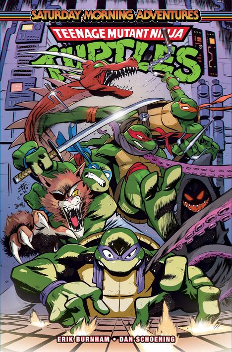 "Saturday Morning Adventures: Teenage Mutant Ninja Turtles". Eine dynamische Szenen-Illustration mit kämpfenden Figuren.