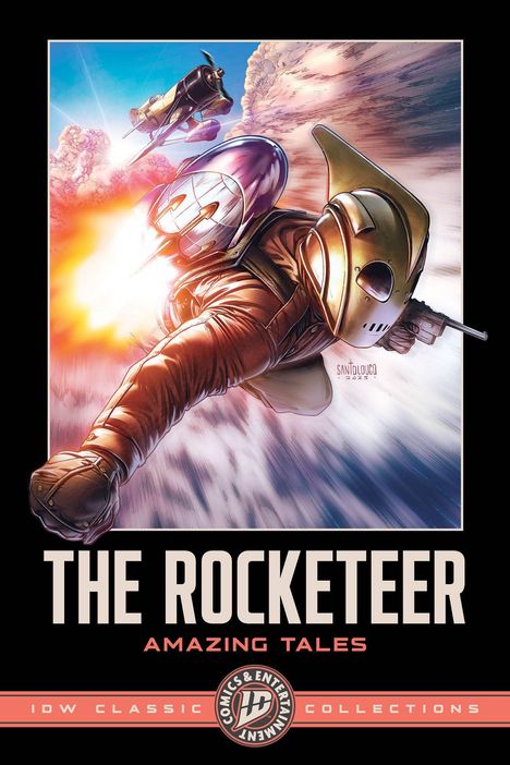 „THE ROCKETEER AMAZING TALES“. Eine dynamische Illustration eines fliegenden Helden mit Helm und Raketenrucksack.
