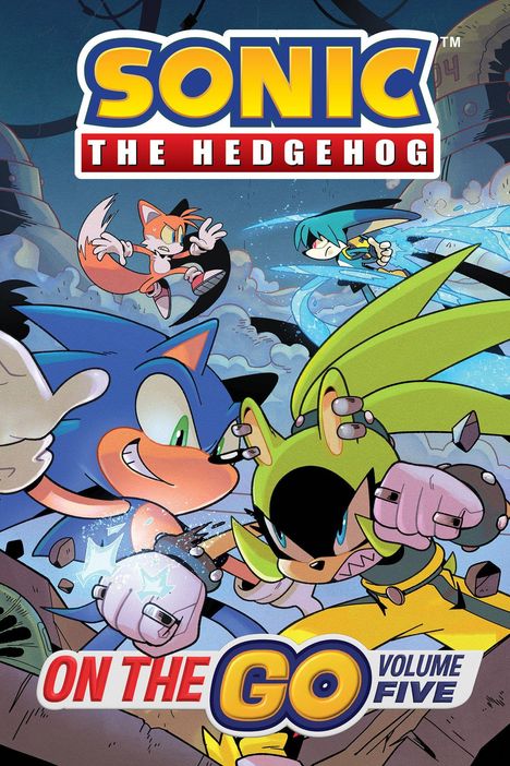 "Sonic the Hedgehog", darunter "On the Go Volume Five". Comicfiguren in dynamischen Posen, futuristischer Hintergrund.