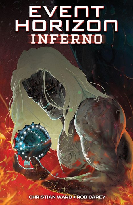 "EVENT HORIZON INFERNO" steht oben. Illustration eines muskulösen Wesens mit langem Haar hält ein leuchtendes Artefakt.