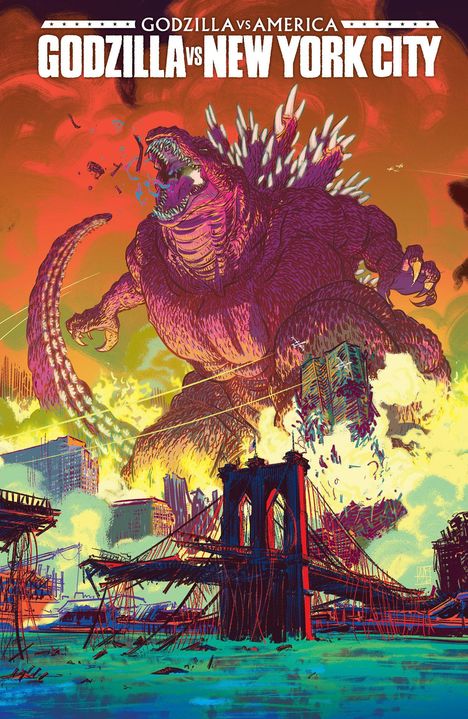 Der Text lautet "Godzilla vs New York City". Eine große, violette Kreatur zerstört eine Stadt und eine Brücke, alles vor einem orangefarbenen Himmel.