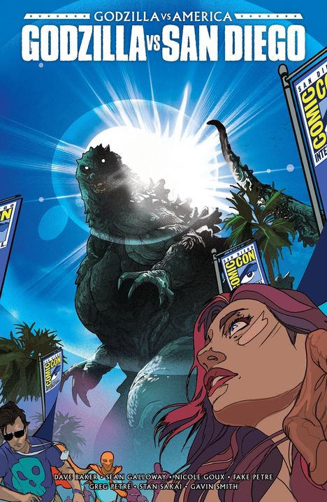 "Godzilla vs. San Diego" Überschrift. Godzilla im Hintergrund, Comic Con Banner und Menschen in Panik davor.